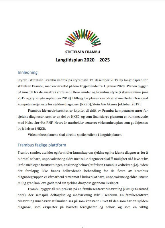Bilde av første side i stiftelsens langtidsplan for 2020 - 2025