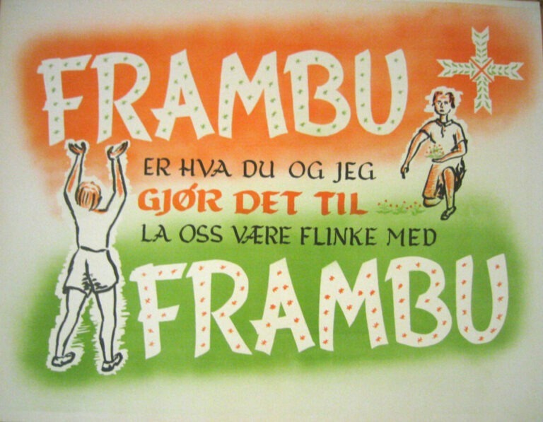Gammel Frambu-plakat med teksten "Frambu er hva du og jeg gjør det til. La oss være flinke med Frambu"